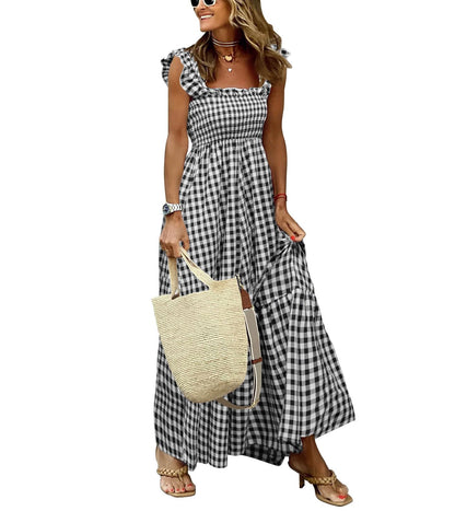 chouyatou Women's Retro Plaid Smocked Dress Spaghetti Strap Flounce Long Dress