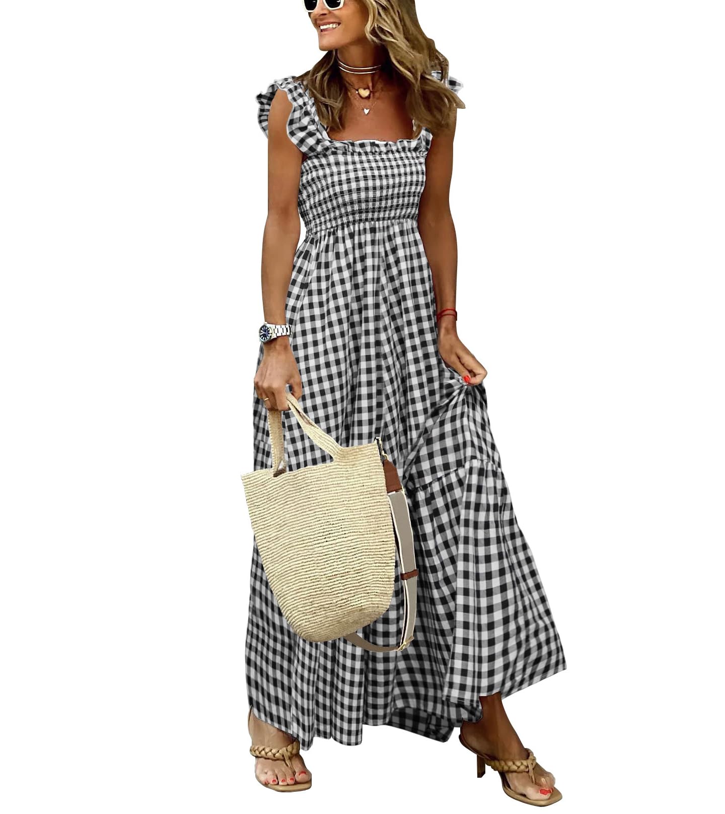 chouyatou Women's Retro Plaid Smocked Dress Spaghetti Strap Flounce Long Dress