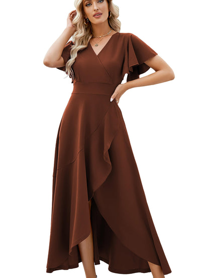 Long Black Formal Dresses for Women Gowns Evening Party Cocktail Dress,Split Elegant V Neck Wrap Ruffle Wedding Guest Dresses