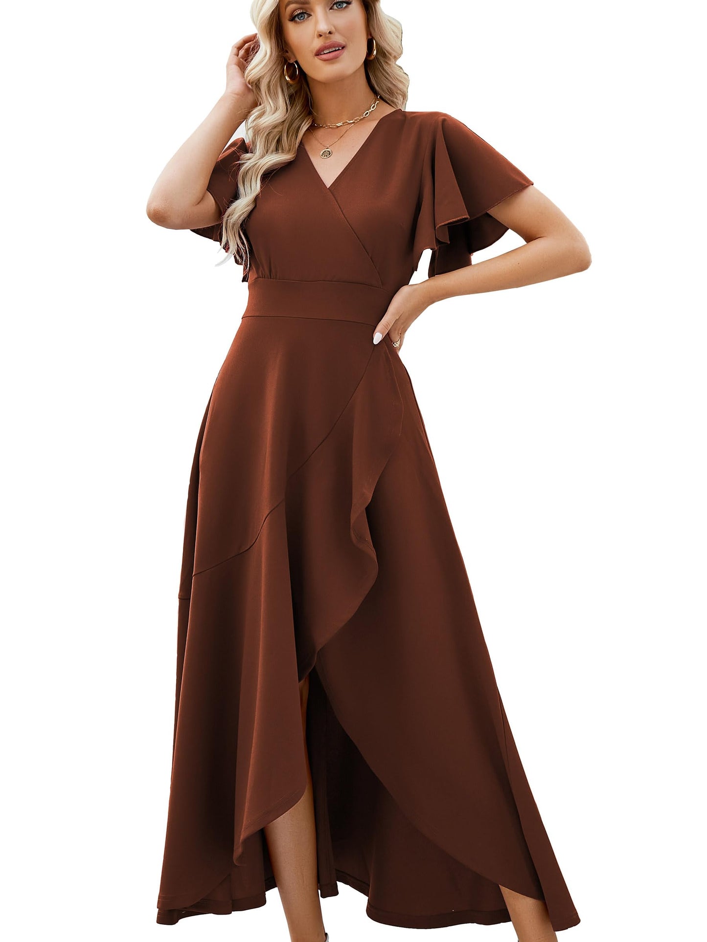 Long Black Formal Dresses for Women Gowns Evening Party Cocktail Dress,Split Elegant V Neck Wrap Ruffle Wedding Guest Dresses