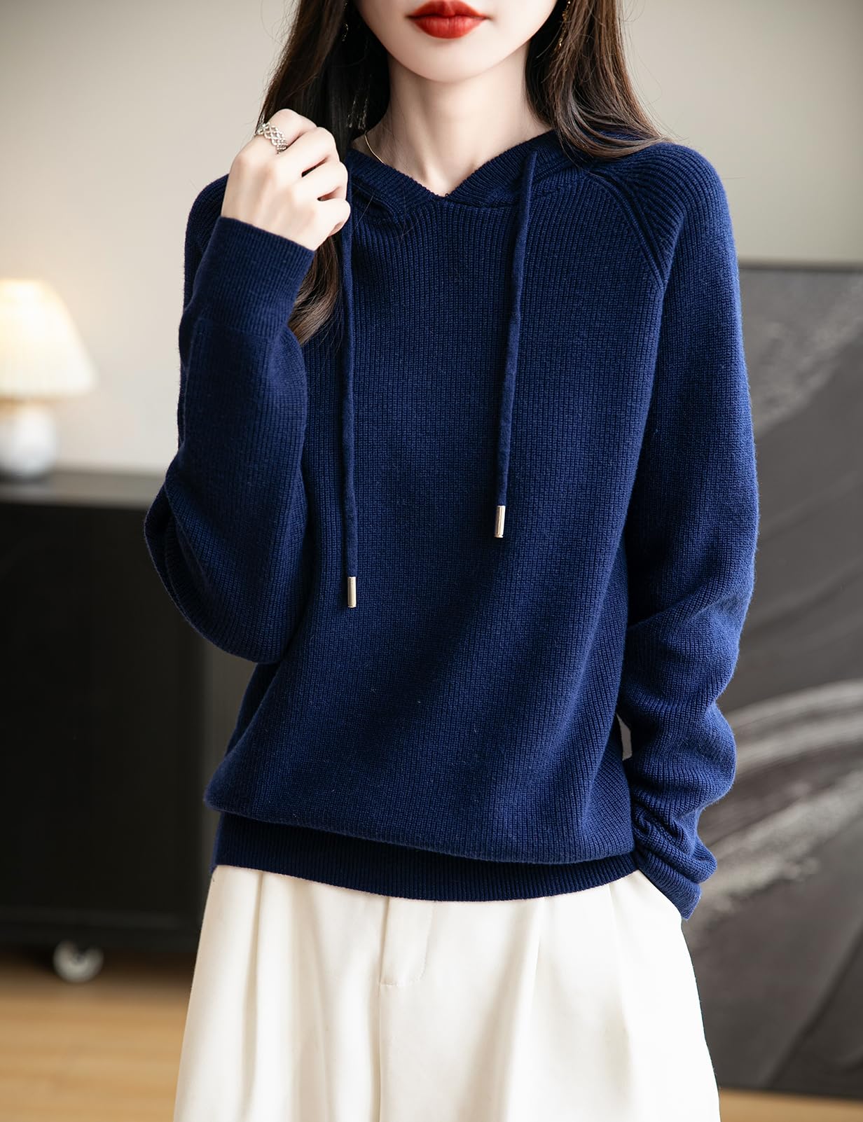 Women's Merino Wool Blend Hoodies 2025 Fall Winter Crewneck Sweatshirt Long Sleeve Knitted Sweater with Drawstring