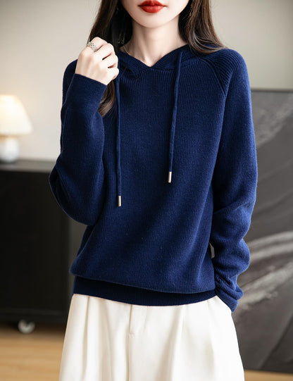 Women's Merino Wool Blend Hoodies 2025 Fall Winter Crewneck Sweatshirt Long Sleeve Knitted Sweater with Drawstring