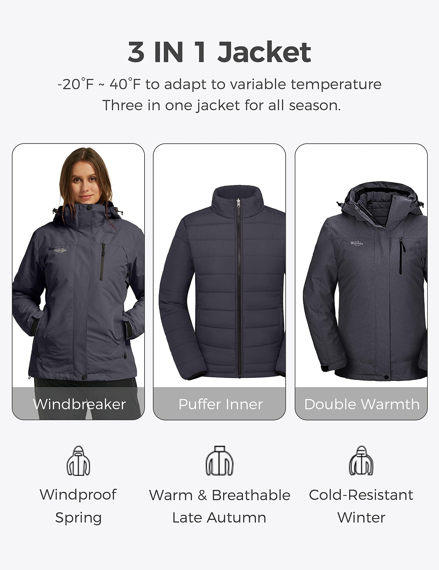wantdo Women's 3 in 1 Waterproof Ski Jacket Windproof Winter Snow Coat Snowboarding Jackets Warm Raincoat
