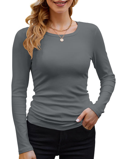 GEMBERA Womens Ribbed Long Sleeve Crewneck Casual Slim Basic Shirts Fitted Knit Tops