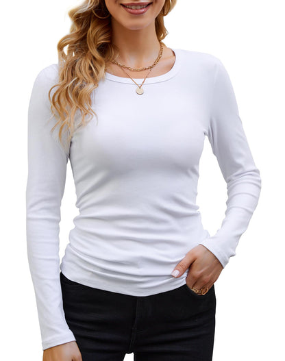 GEMBERA Womens Ribbed Long Sleeve Crewneck Casual Slim Basic Shirts Fitted Knit Tops