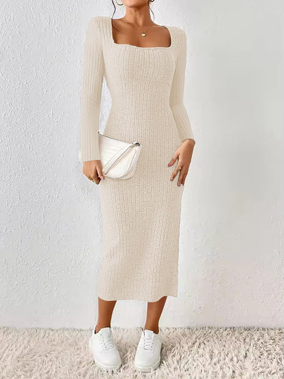 ETCYY NEW Womens Fall Dresses Square Neck Knitted Elastic Basic Winter Bodycon Versatile Slit Dress