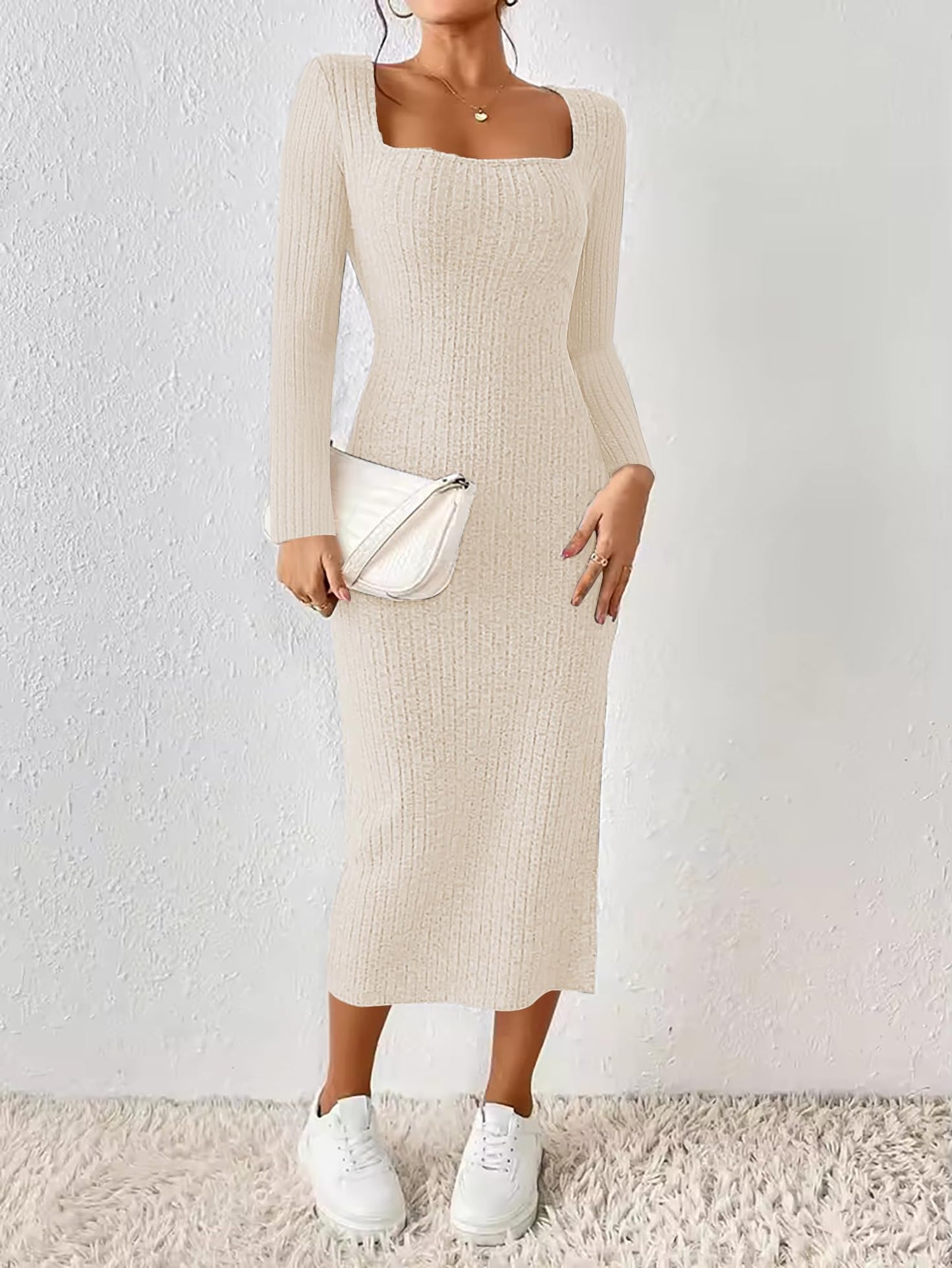 ETCYY NEW Womens Fall Dresses Square Neck Knitted Elastic Basic Winter Bodycon Versatile Slit Dress