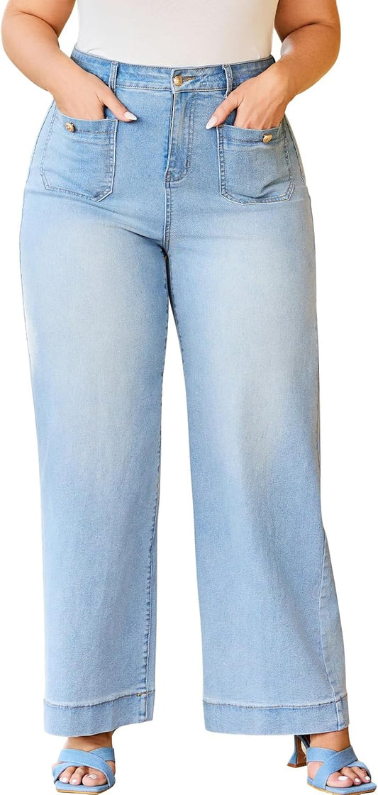 Women's Wide Leg Jeans with Patch Pockets, Straight Leg Jeans with High Waist, Stretchy Denim Pants （Standard）