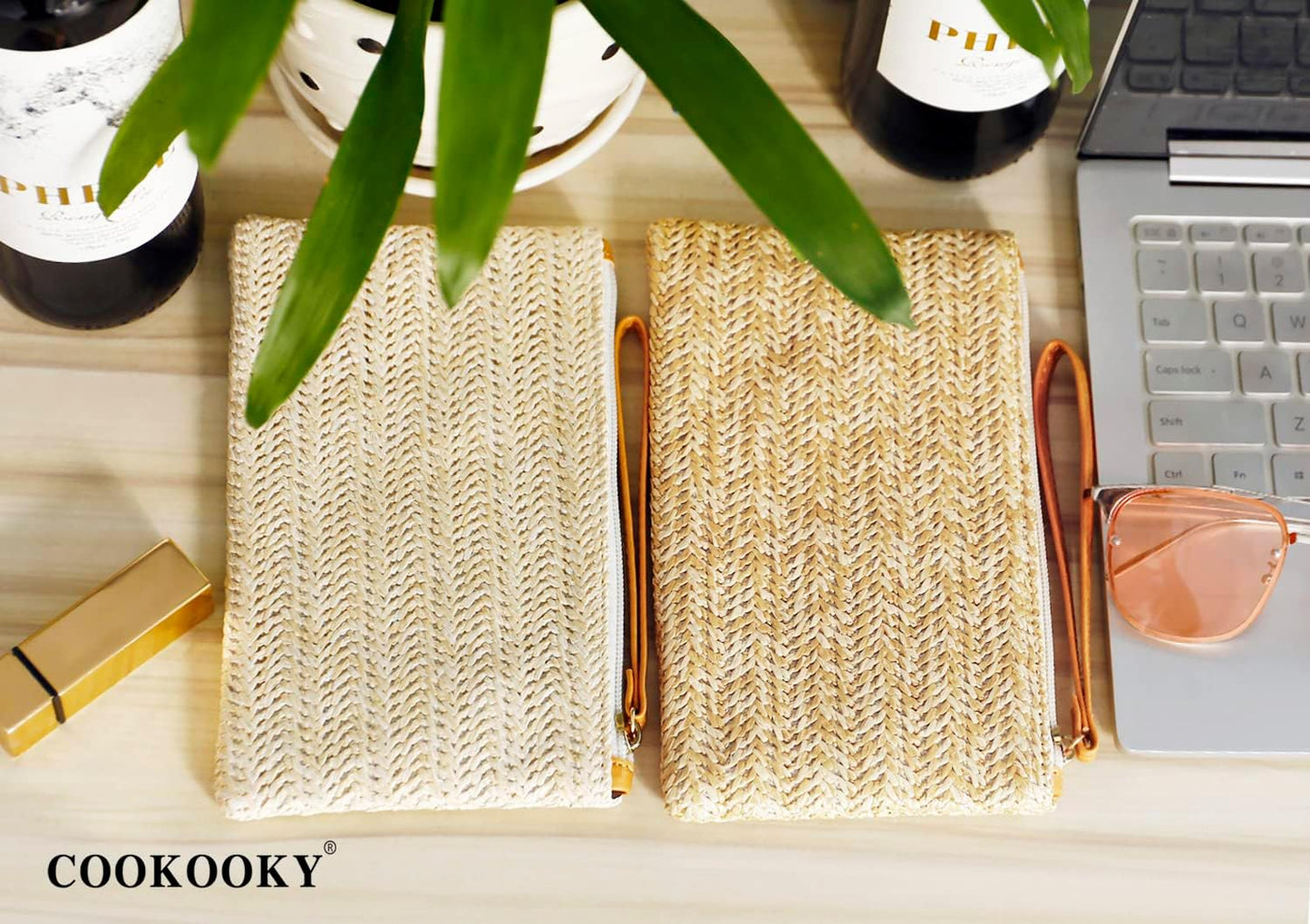 COOKOOKY Womens Straw Clutch Bag Bohemian Summer Beach Straw Purse Zipper Wristlet Wallets for Women