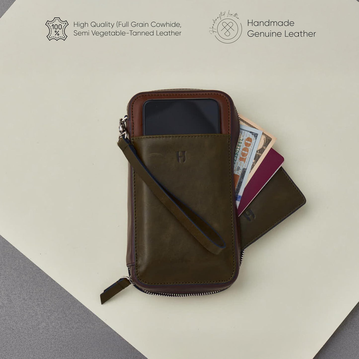 Wristlet for Men & Women, Full-Grain Leather Clutch Bag, RFID Protection, Zipper Pocket, Handcrafted, Gift Box & Pouch
