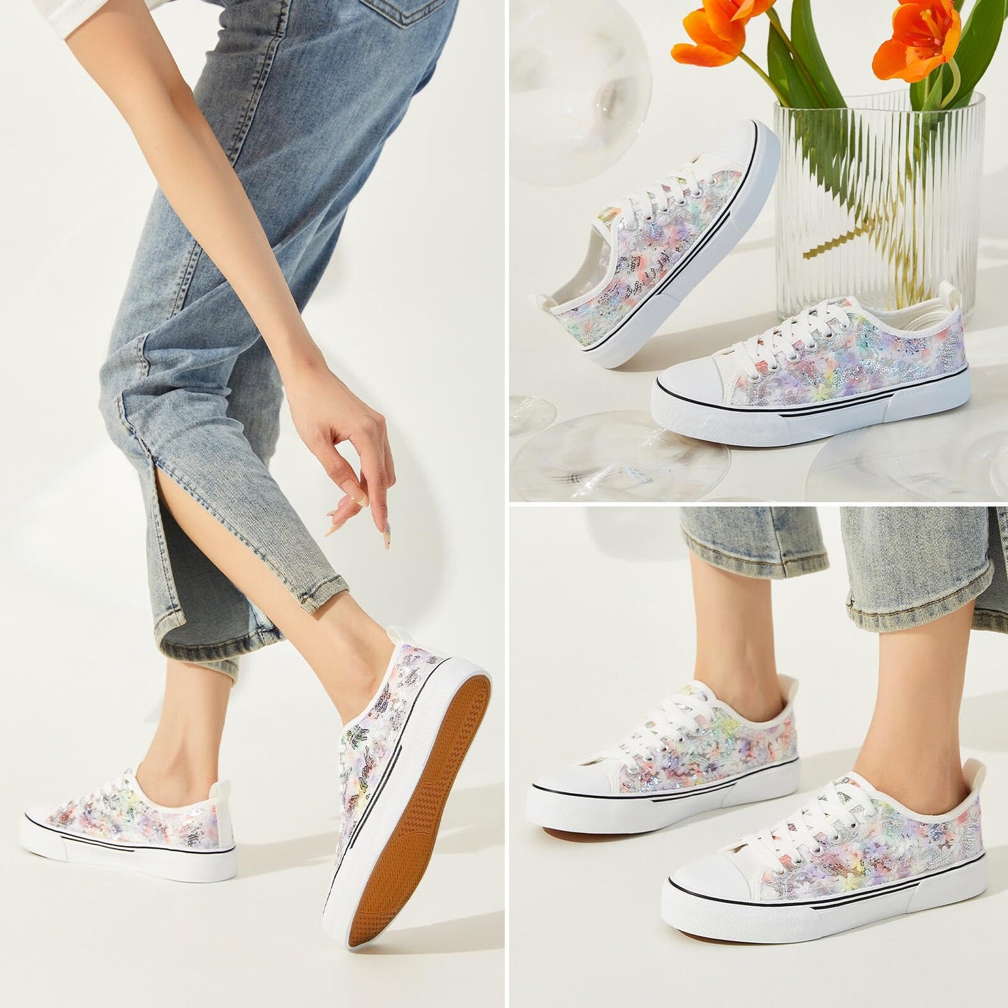 kufeiti Women's White Tennis Shoes Embroidered Sequins Low Top Canvas Shoes Comfortable Casual Fashion Sneakers