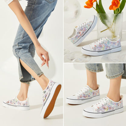 kufeiti Women's White Tennis Shoes Embroidered Sequins Low Top Canvas Shoes Comfortable Casual Fashion Sneakers