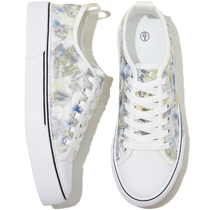 kufeiti Women's White Tennis Shoes Embroidered Sequins Low Top Canvas Shoes Comfortable Casual Fashion Sneakers
