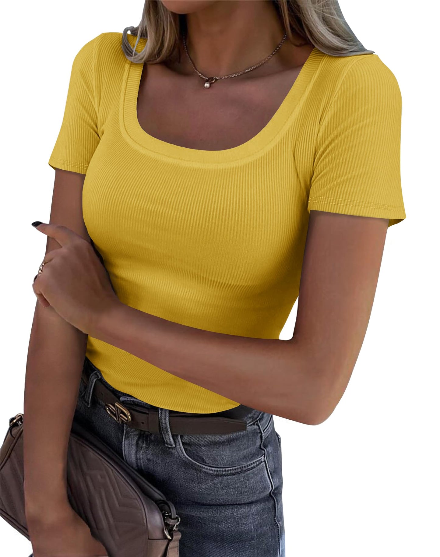 Roselux Women's Summer Scoop Neck Short Sleeve T-Shirts Ribbed Knit Slim Fitted Casual Basic Top