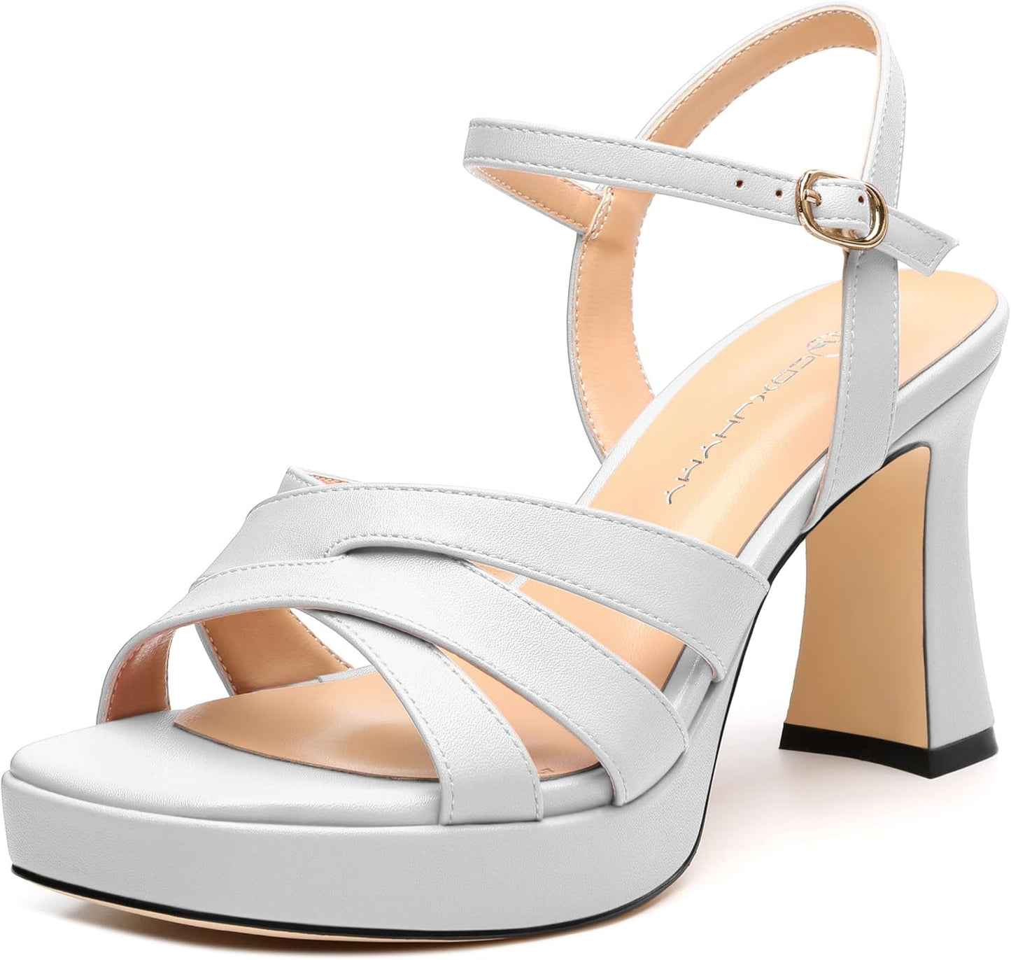 Women's Chunky Platform High Heels Block Heeled Sandals Open Square Toe Ankle Strap Dress Wedding Party Sandal Shoes 3.3''