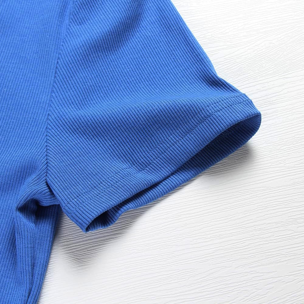 Roselux Women's Summer Scoop Neck Short Sleeve T-Shirts Ribbed Knit Slim Fitted Casual Basic Top
