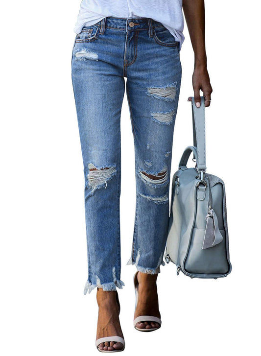 Sidefeel Women's Ripped Jeans Straight Leg Distressed Boyfriend Denim Pants