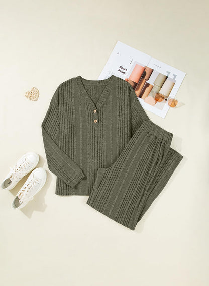 Dokotoo 2 Piece Lounge Sets for Women Ribbed Knit Button V Neck Long Sleeve Tops Matching Pants Pajamas Set 2025 Fall Outfits