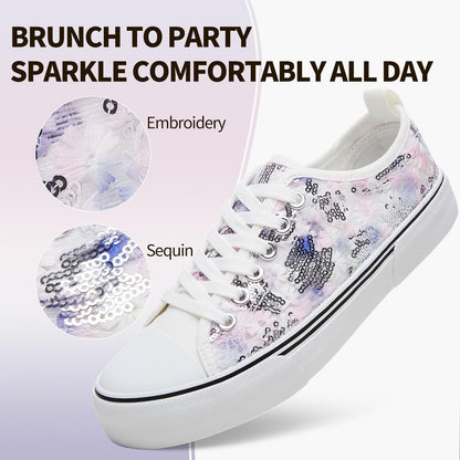 kufeiti Women's White Tennis Shoes Embroidered Sequins Low Top Canvas Shoes Comfortable Casual Fashion Sneakers