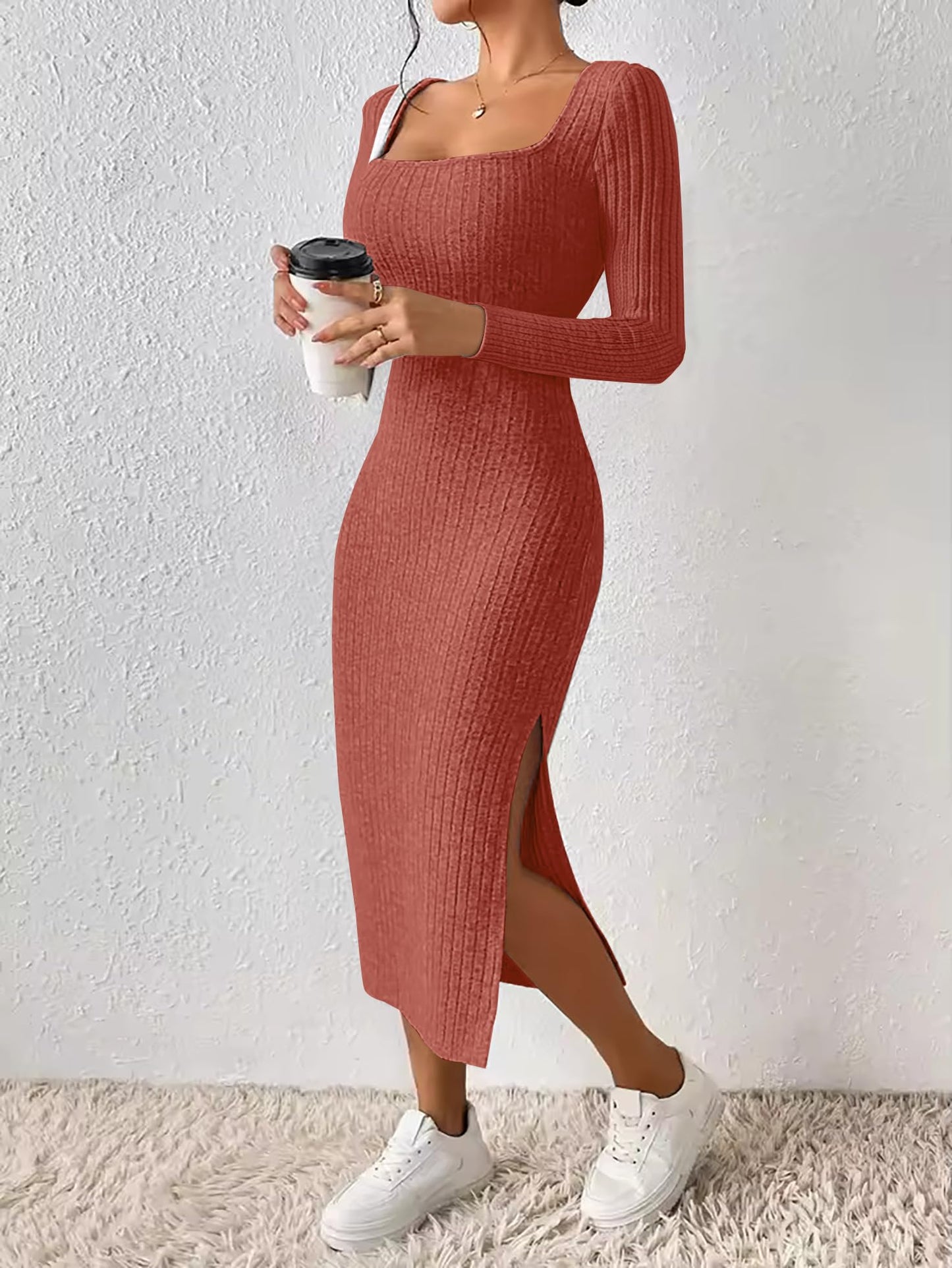 ETCYY NEW Womens Fall Dresses Square Neck Knitted Elastic Basic Winter Bodycon Versatile Slit Dress