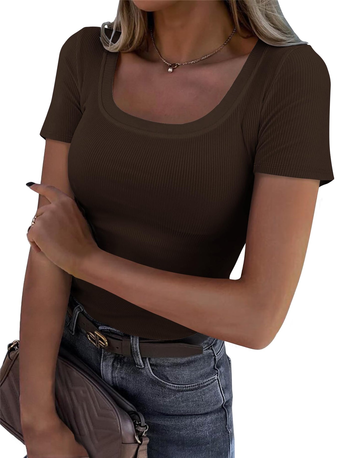 Roselux Women's Summer Scoop Neck Short Sleeve T-Shirts Ribbed Knit Slim Fitted Casual Basic Top