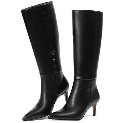 Knee High Boots for Women Pointed Toe Stiletto Kitten Heel Tall Boots Side Zipper Wide Calf Boot Fall Winter Sexy Fashion Dress Shoes Botas Negras