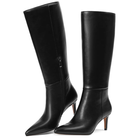 Knee High Boots for Women Pointed Toe Stiletto Kitten Heel Tall Boots Side Zipper Wide Calf Boot Fall Winter Sexy Fashion Dress Shoes Botas Negras