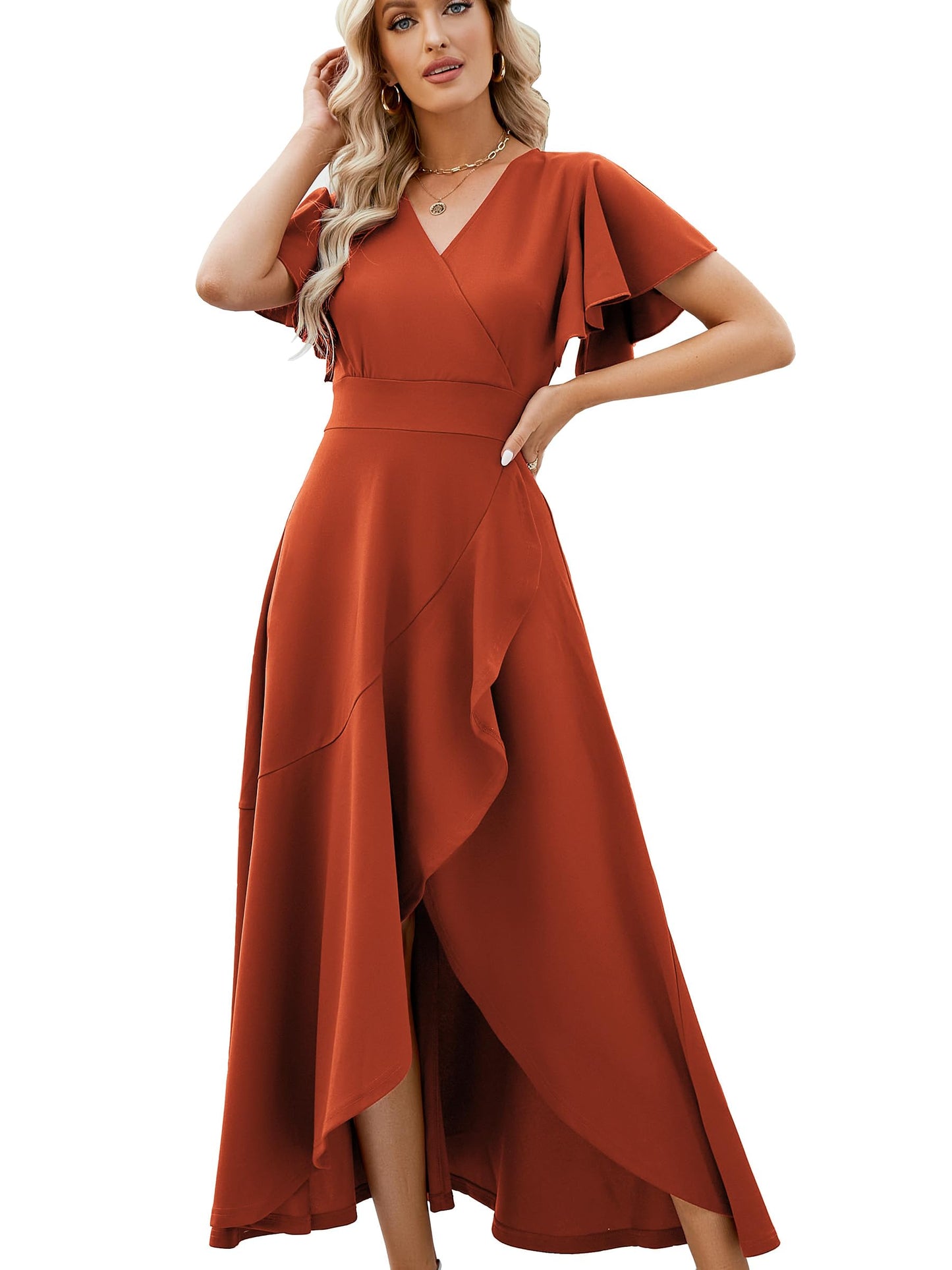 Long Black Formal Dresses for Women Gowns Evening Party Cocktail Dress,Split Elegant V Neck Wrap Ruffle Wedding Guest Dresses