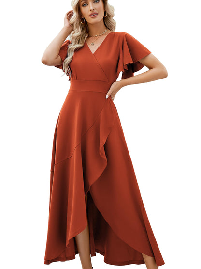 Long Black Formal Dresses for Women Gowns Evening Party Cocktail Dress,Split Elegant V Neck Wrap Ruffle Wedding Guest Dresses