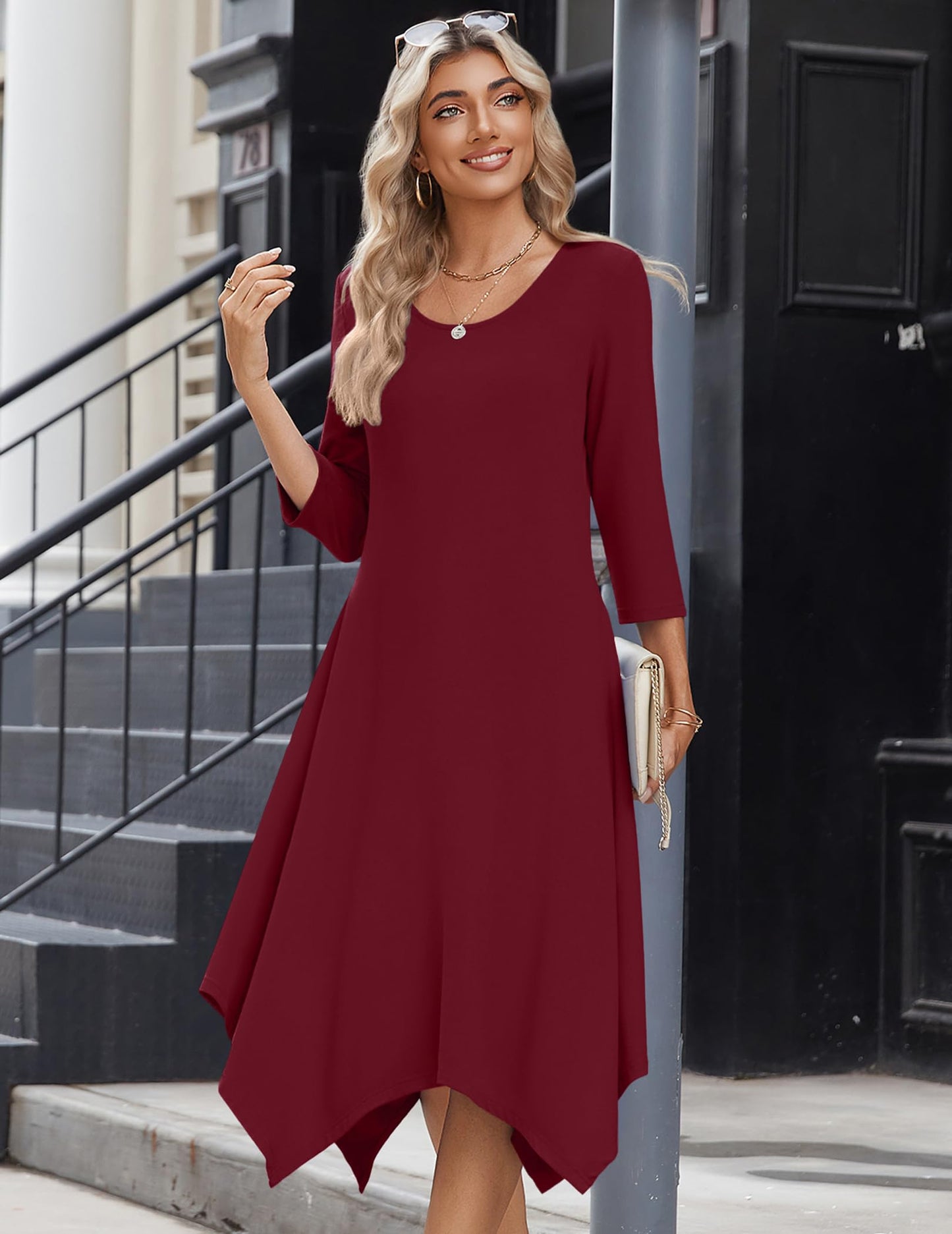Zeagoo Midi Women 3/4 Sleeve Dress Casual Dresses with Pockets 2025 Fall A Line Dress Elegant Formal Modest Dresses