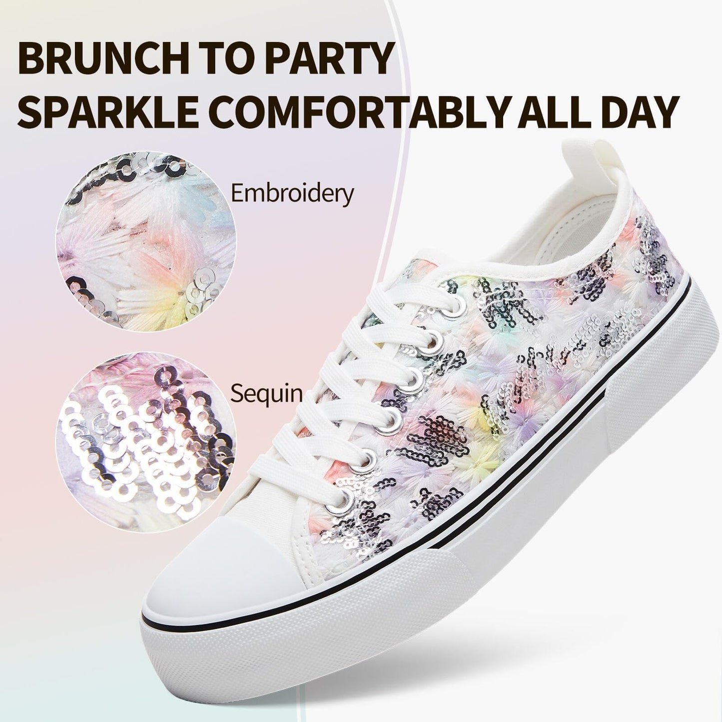 kufeiti Women's White Tennis Shoes Embroidered Sequins Low Top Canvas Shoes Comfortable Casual Fashion Sneakers