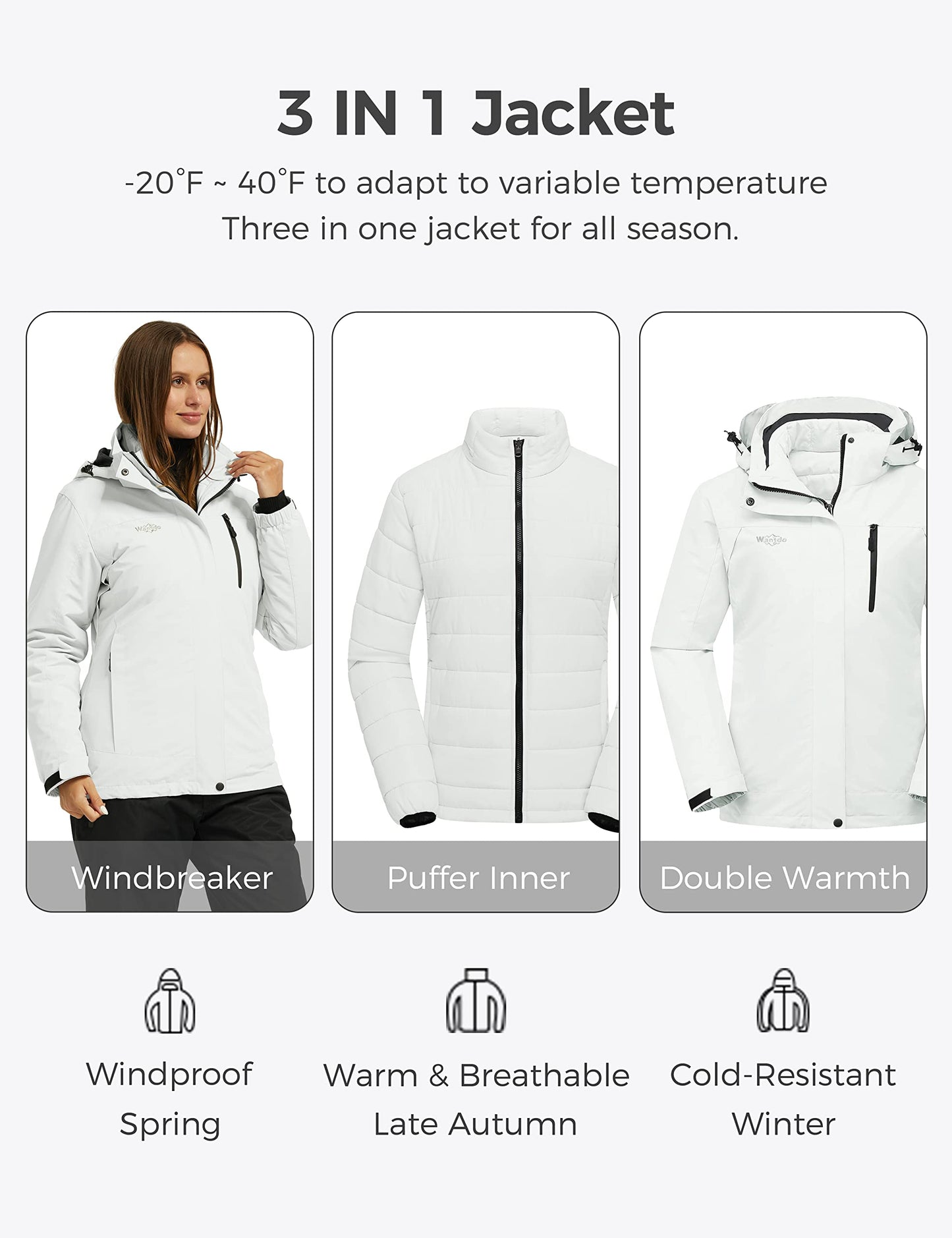 wantdo Women's 3 in 1 Waterproof Ski Jacket Windproof Winter Snow Coat Snowboarding Jackets Warm Raincoat