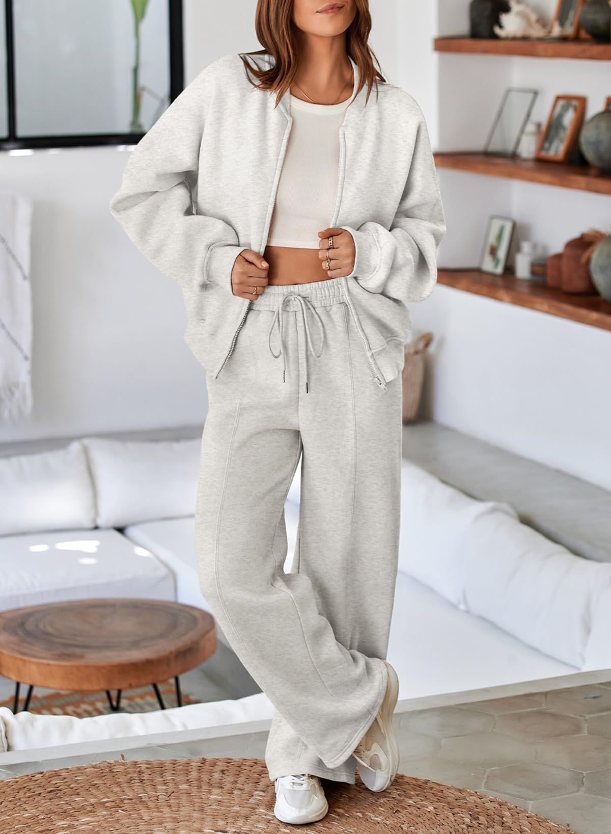 Aleumdr Women's 2 Piece Outfits Oversized Fleece Sweatsuit Zip Up Long Sleeve Sweatshirt with Wide Leg Sweatpants