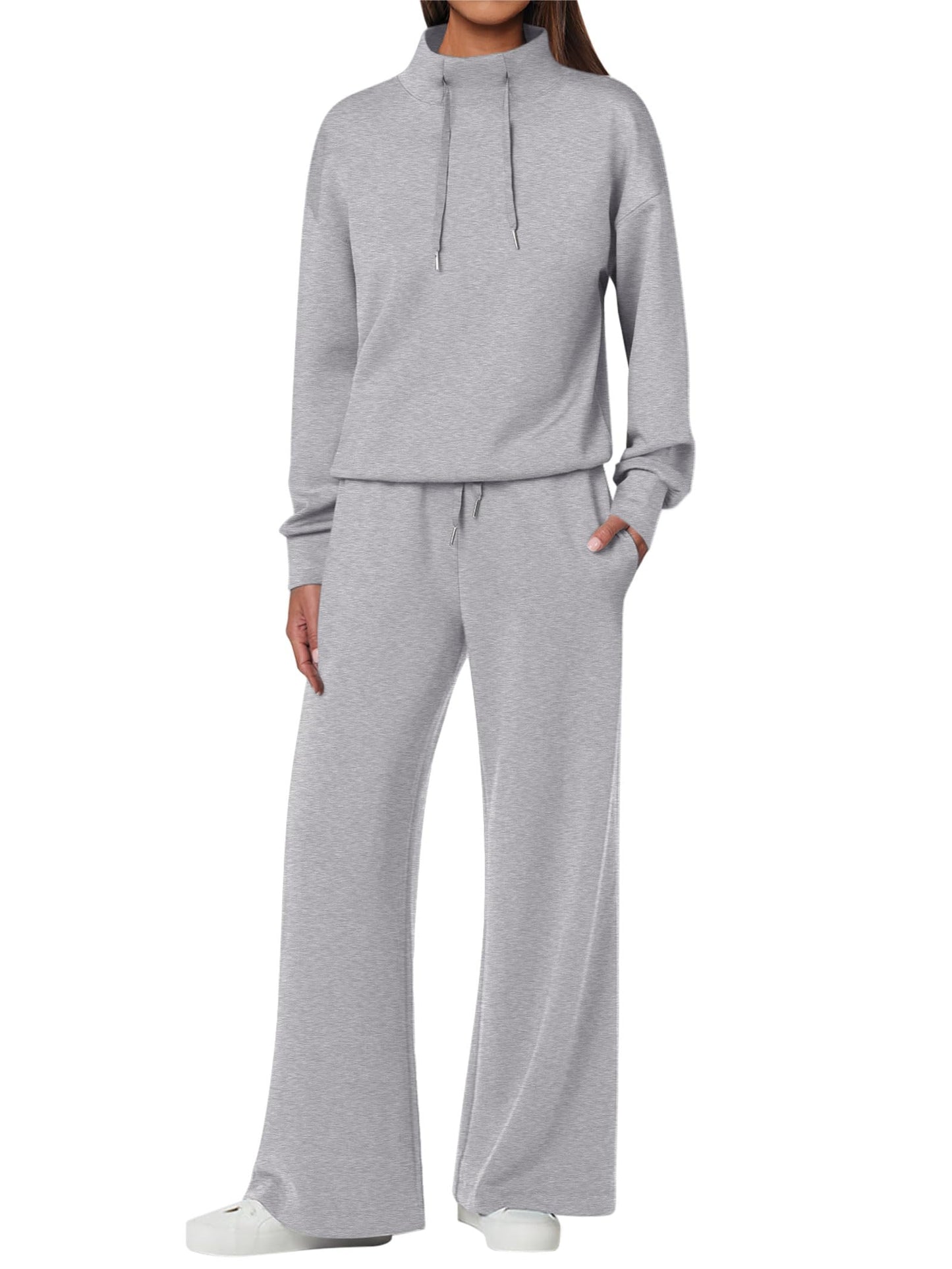 ANRABESS Womens 2 Piece Outfits Sweatsuit Set 2025 Fall Drawstring Sweatshirt Wide Leg Sweatpant Lounge Set Tracksuit