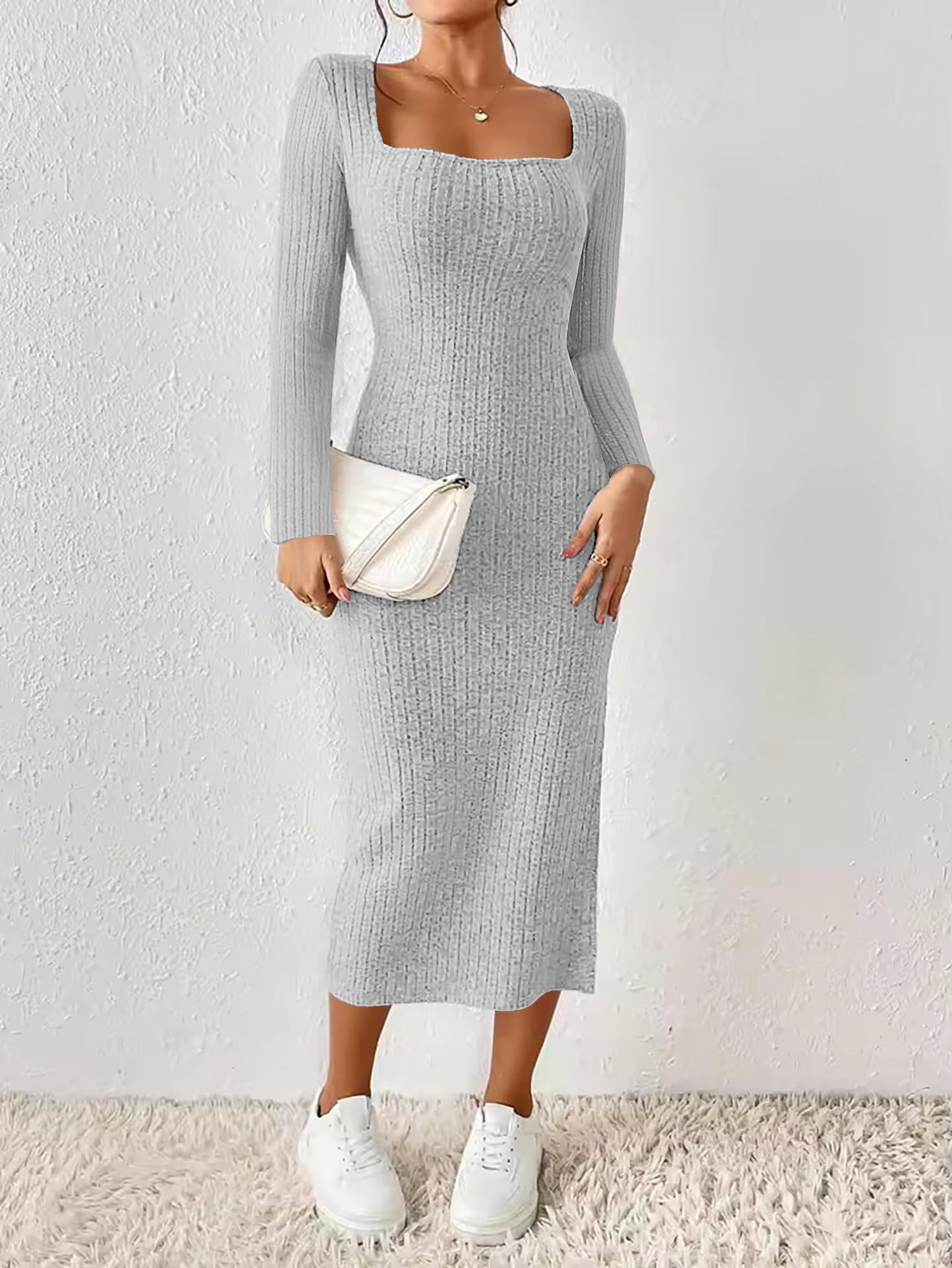 ETCYY NEW Womens Fall Dresses Square Neck Knitted Elastic Basic Winter Bodycon Versatile Slit Dress