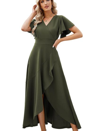 Long Black Formal Dresses for Women Gowns Evening Party Cocktail Dress,Split Elegant V Neck Wrap Ruffle Wedding Guest Dresses