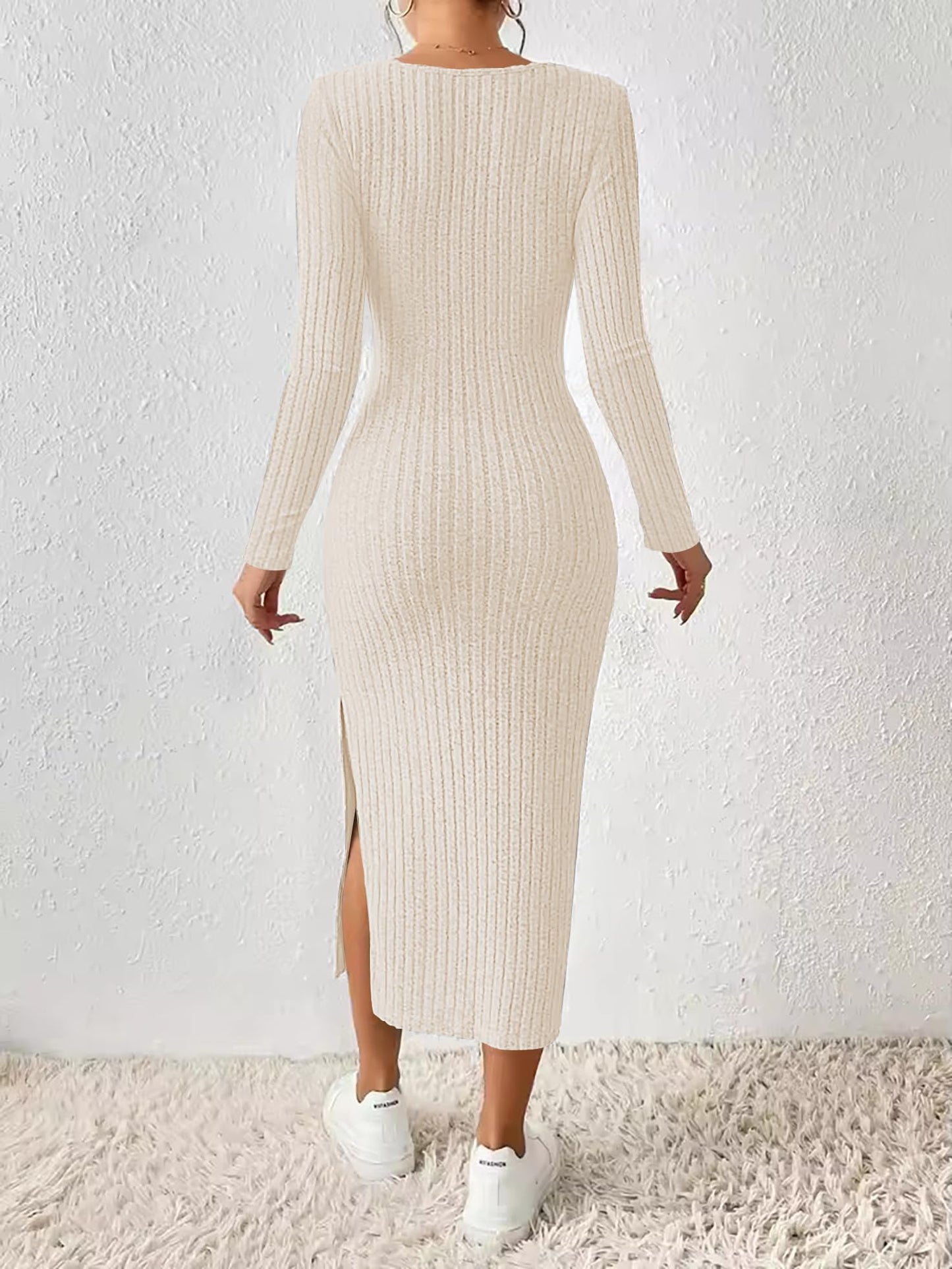ETCYY NEW Womens Fall Dresses Square Neck Knitted Elastic Basic Winter Bodycon Versatile Slit Dress