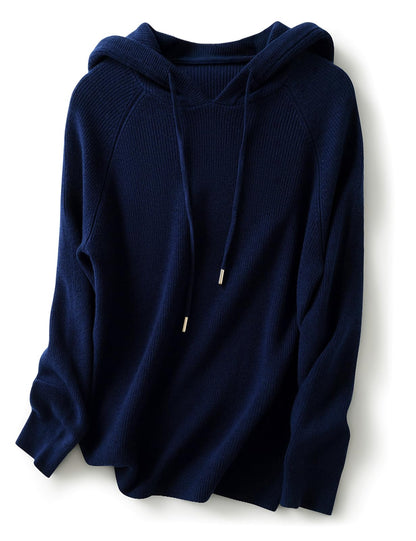 Women's Merino Wool Blend Hoodies 2025 Fall Winter Crewneck Sweatshirt Long Sleeve Knitted Sweater with Drawstring