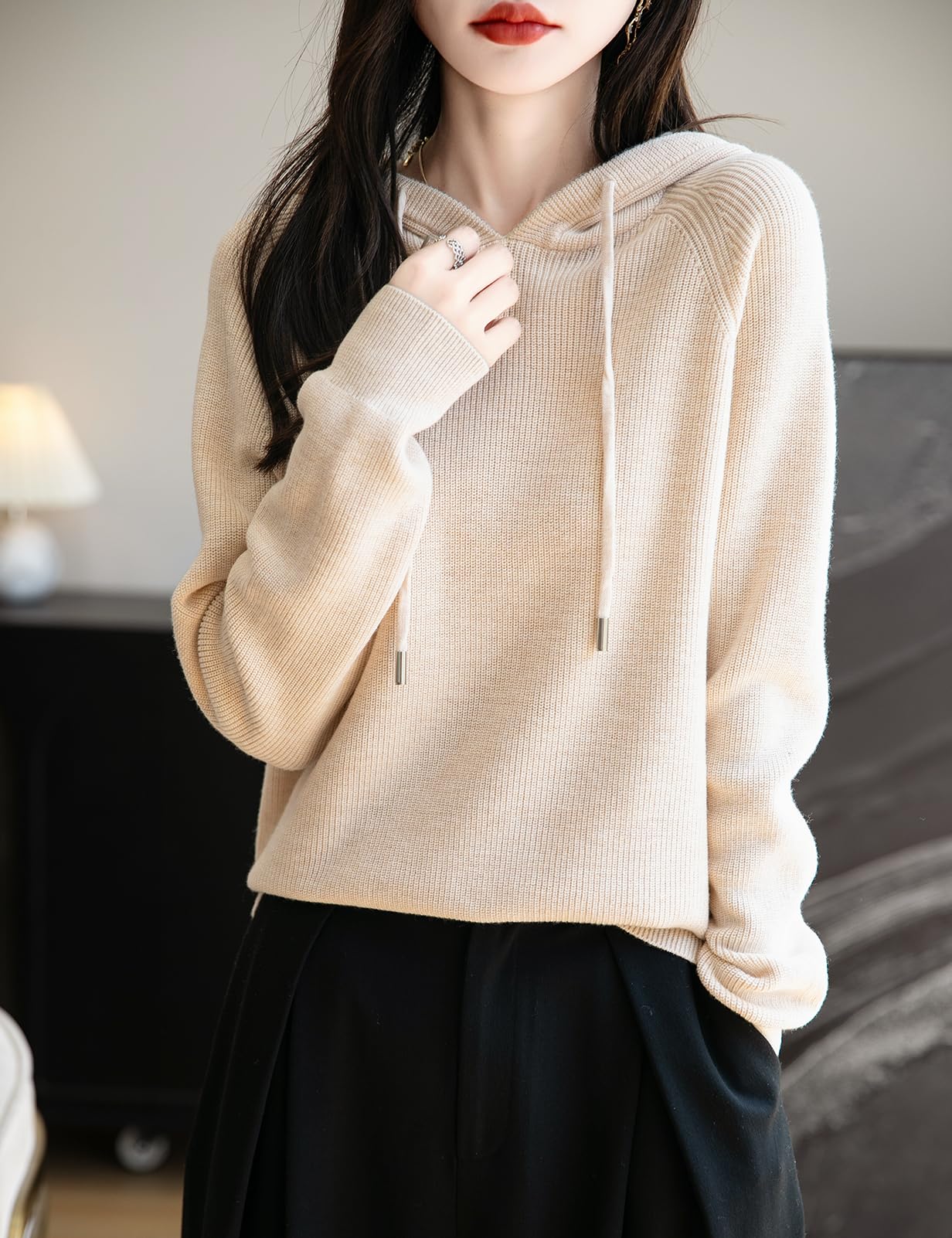 Women's Merino Wool Blend Hoodies 2025 Fall Winter Crewneck Sweatshirt Long Sleeve Knitted Sweater with Drawstring
