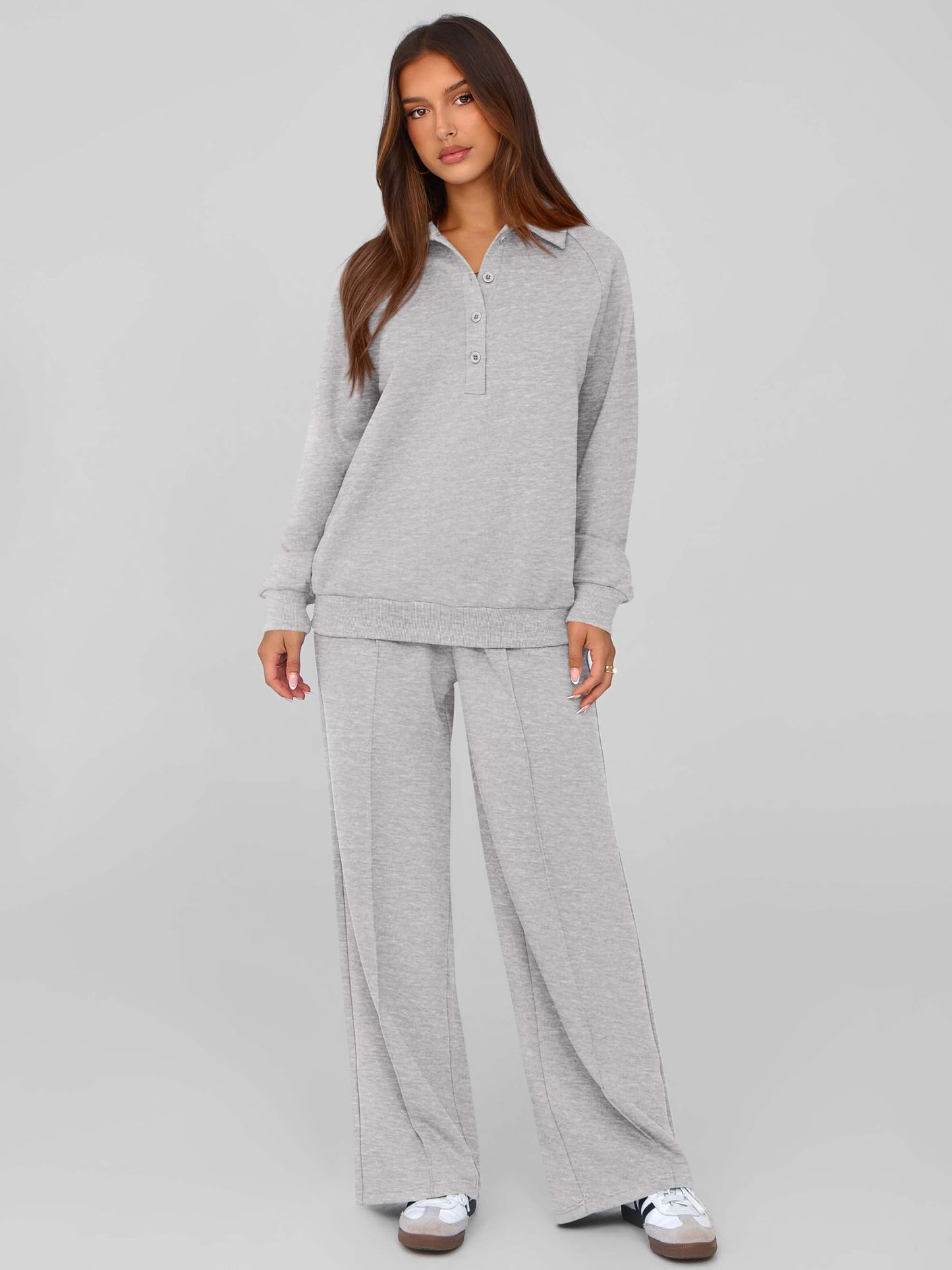 PRETTYGARDEN Women Fall 2 Piece Outfits Sweatsuits Quarter Button Long Sleeve Sweatshirt Wide Leg Pants Tracksuit Lounge Sets