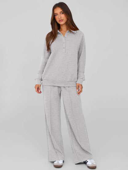 PRETTYGARDEN Women Fall 2 Piece Outfits Sweatsuits Quarter Button Long Sleeve Sweatshirt Wide Leg Pants Tracksuit Lounge Sets