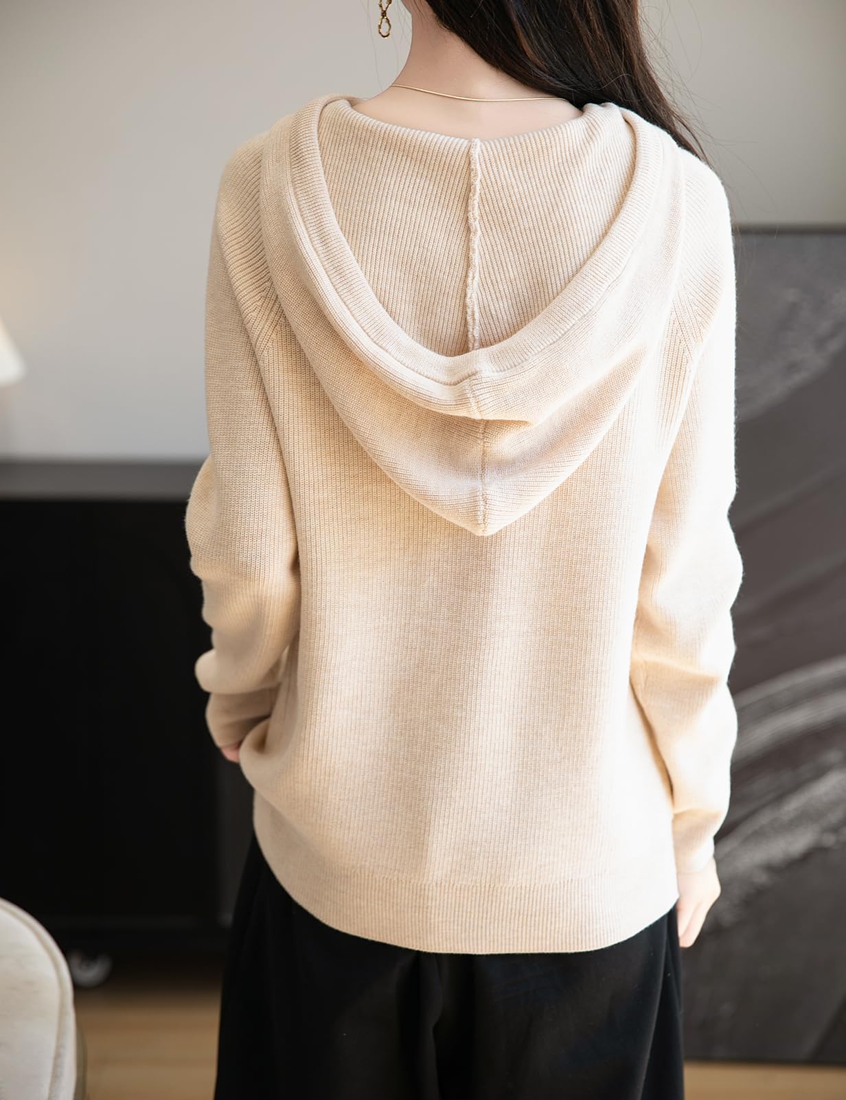 Women's Merino Wool Blend Hoodies 2025 Fall Winter Crewneck Sweatshirt Long Sleeve Knitted Sweater with Drawstring