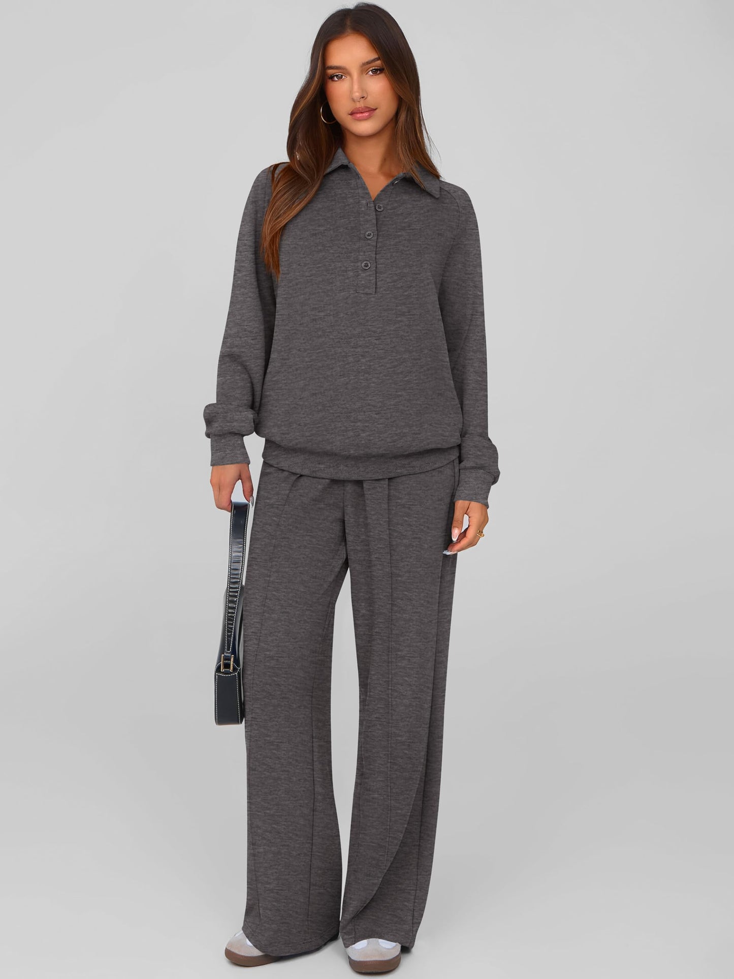 PRETTYGARDEN Women Fall 2 Piece Outfits Sweatsuits Quarter Button Long Sleeve Sweatshirt Wide Leg Pants Tracksuit Lounge Sets