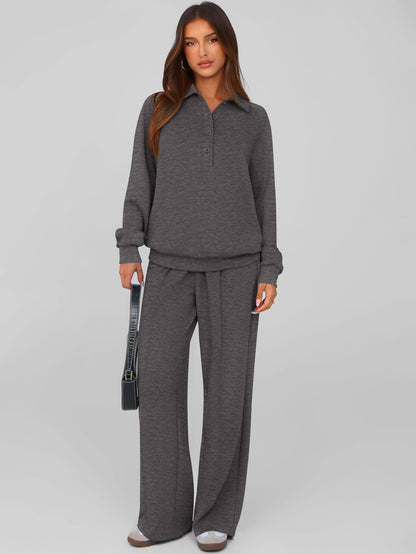 PRETTYGARDEN Women Fall 2 Piece Outfits Sweatsuits Quarter Button Long Sleeve Sweatshirt Wide Leg Pants Tracksuit Lounge Sets