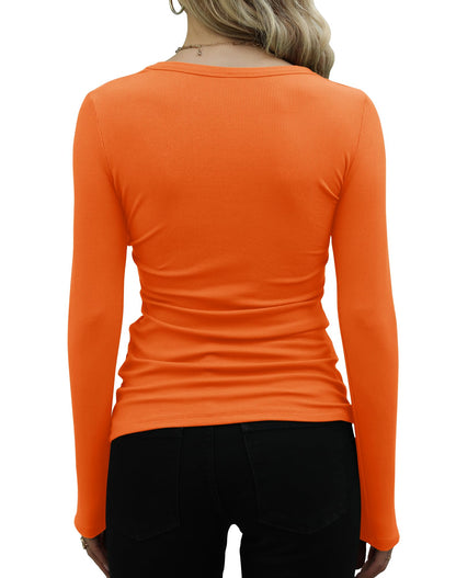 GEMBERA Womens Ribbed Long Sleeve Crewneck Casual Slim Basic Shirts Fitted Knit Tops