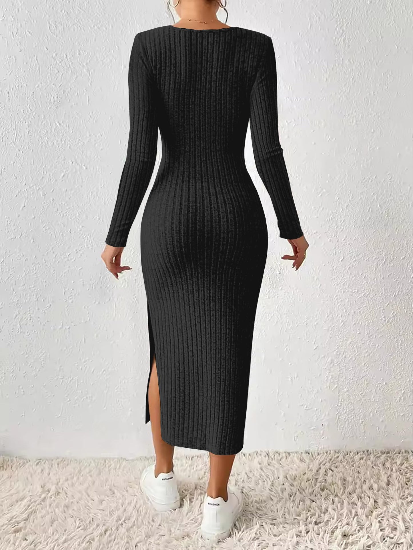 ETCYY NEW Womens Fall Dresses Square Neck Knitted Elastic Basic Winter Bodycon Versatile Slit Dress
