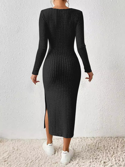 ETCYY NEW Womens Fall Dresses Square Neck Knitted Elastic Basic Winter Bodycon Versatile Slit Dress
