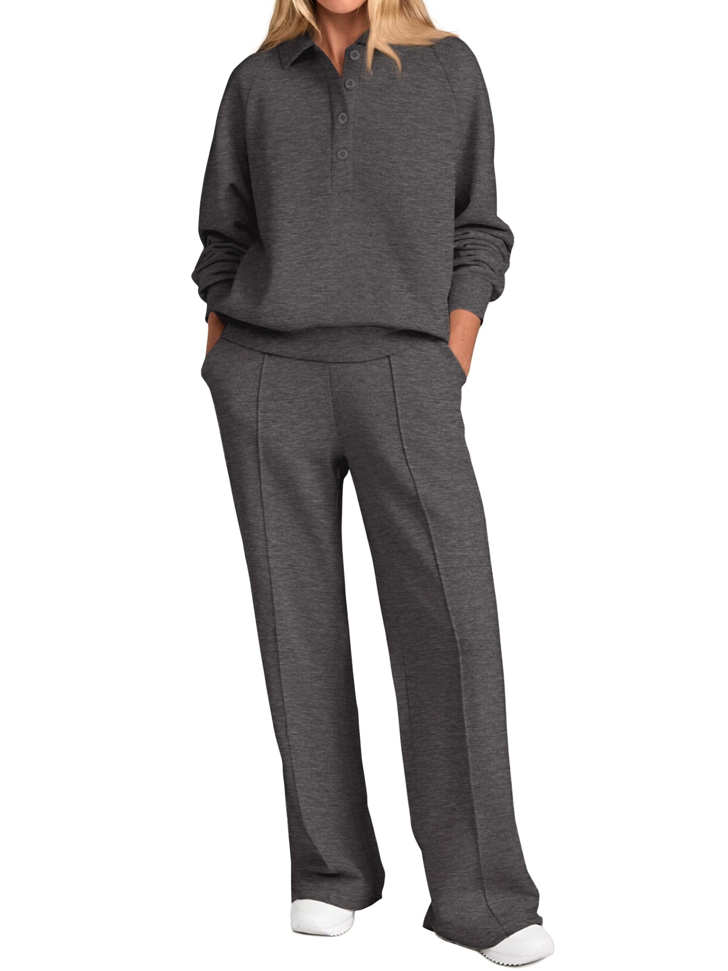PRETTYGARDEN Women Fall 2 Piece Outfits Sweatsuits Quarter Button Long Sleeve Sweatshirt Wide Leg Pants Tracksuit Lounge Sets