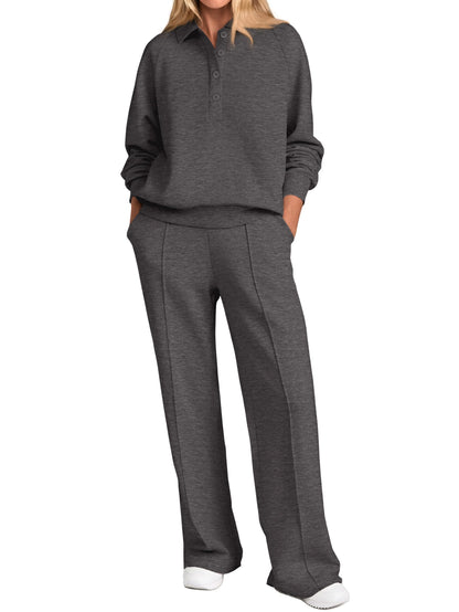 PRETTYGARDEN Women Fall 2 Piece Outfits Sweatsuits Quarter Button Long Sleeve Sweatshirt Wide Leg Pants Tracksuit Lounge Sets