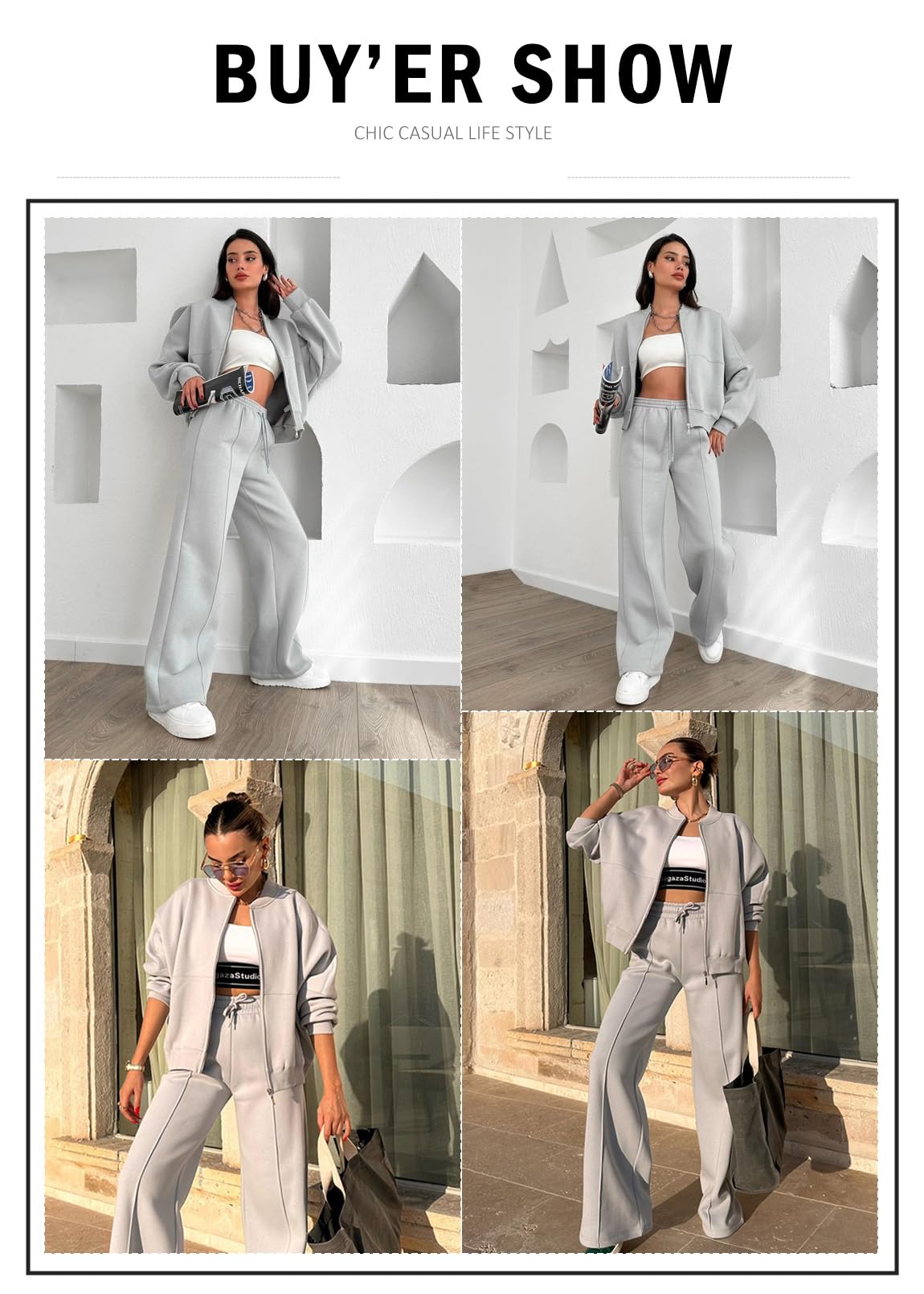 Aleumdr Women's 2 Piece Outfits Oversized Fleece Sweatsuit Zip Up Long Sleeve Sweatshirt with Wide Leg Sweatpants